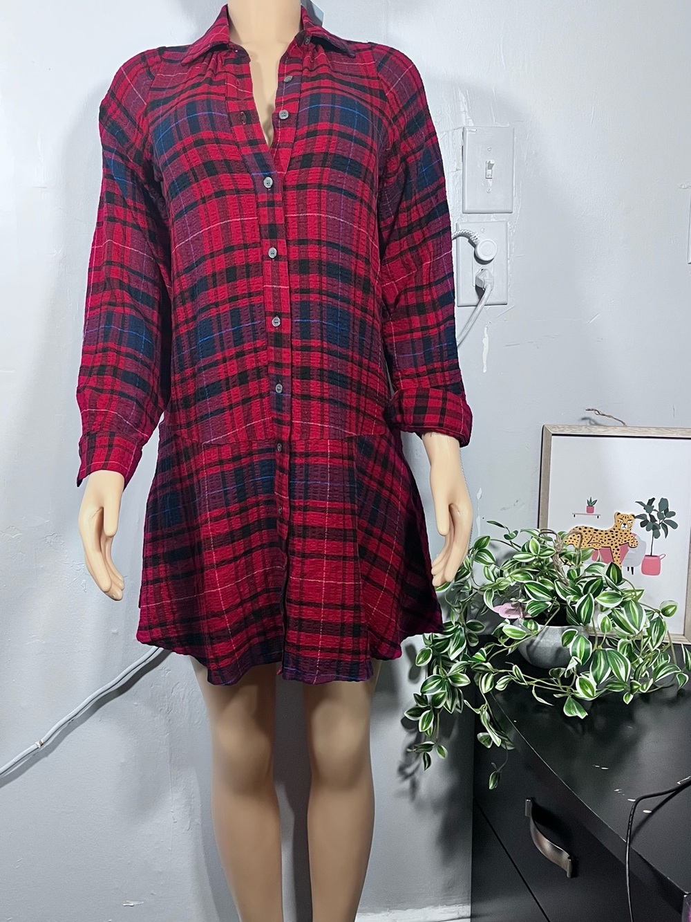 LOFT Red and Navy Plaid Mini Shirt Dress